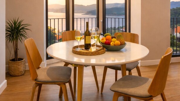 A dining area with a round table, six chairs, a bowl of fruit, and a bottle of wine. - Sea View - 2 Bedrooms - Pet Friendly - Ideal for Families - Noia (Noia)