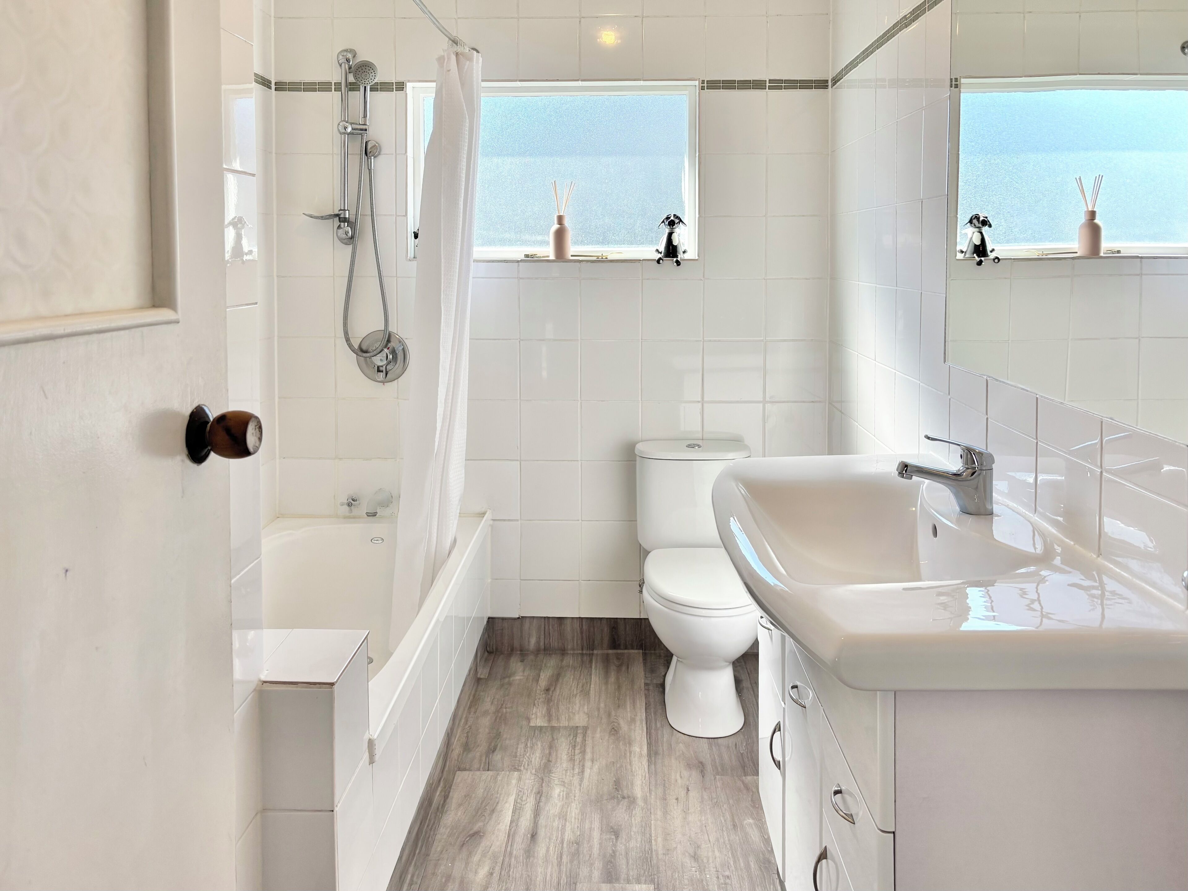 Hair dryer, towels, soap, toilet paper