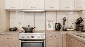 Fridge, oven, stovetop, electric kettle