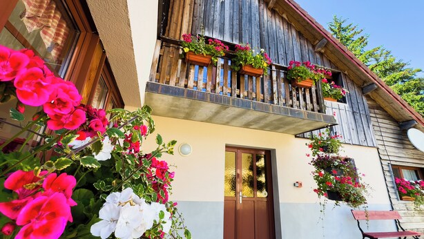 A wooden building with a balcony adorned with potted flowers, a door, and a bench outside. - Gîte l'Essentiel, farmhouse group accommodation with spa and sauna, playground (Arc-sous-Cicon)