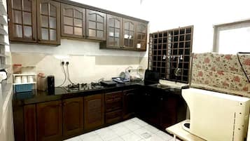 Fridge, stovetop, cookware/dishes/utensils