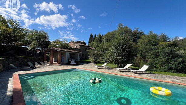 A clear swimming pool with lounge chairs and a small building in the background.