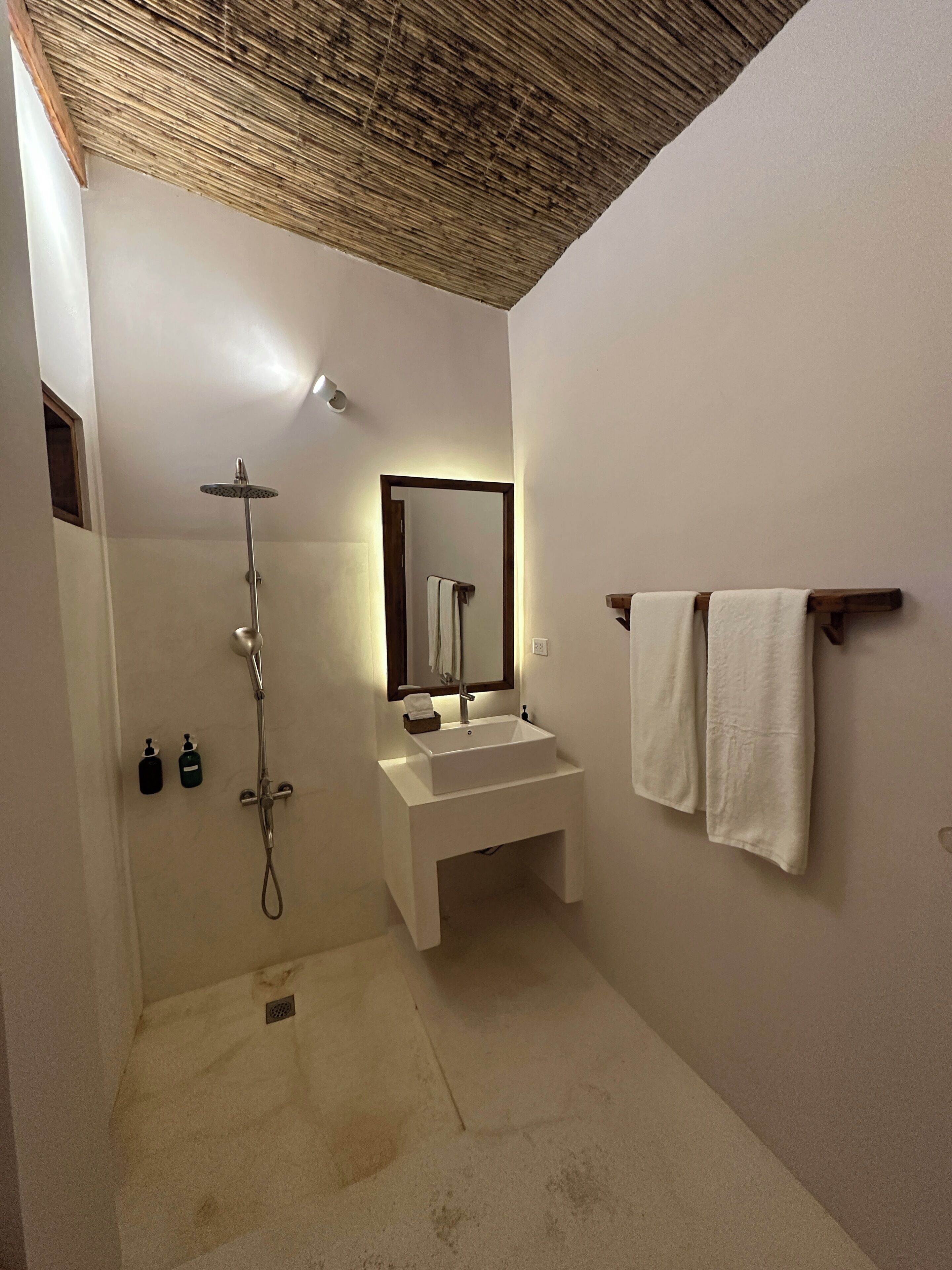 Een badkamer met douche, wastafel en spiegel.