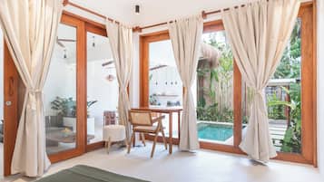 Villa, Private Pool, Garden View | In-room safe, desk, laptop workspace, iron/ironing board