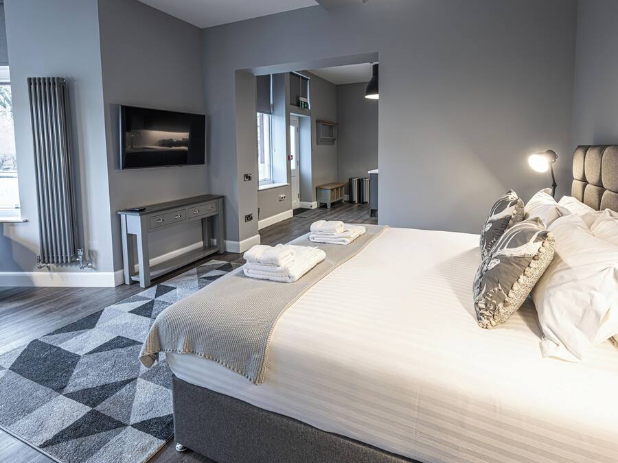 Una habitación de hotel moderna con una cama grande, un televisor de pantalla plana, un escritorio y una zona de estar con una silla.