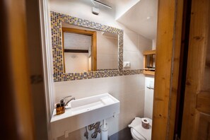Shower, towels, shampoo, toilet paper