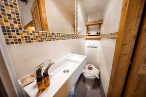 Shower, towels, shampoo, toilet paper