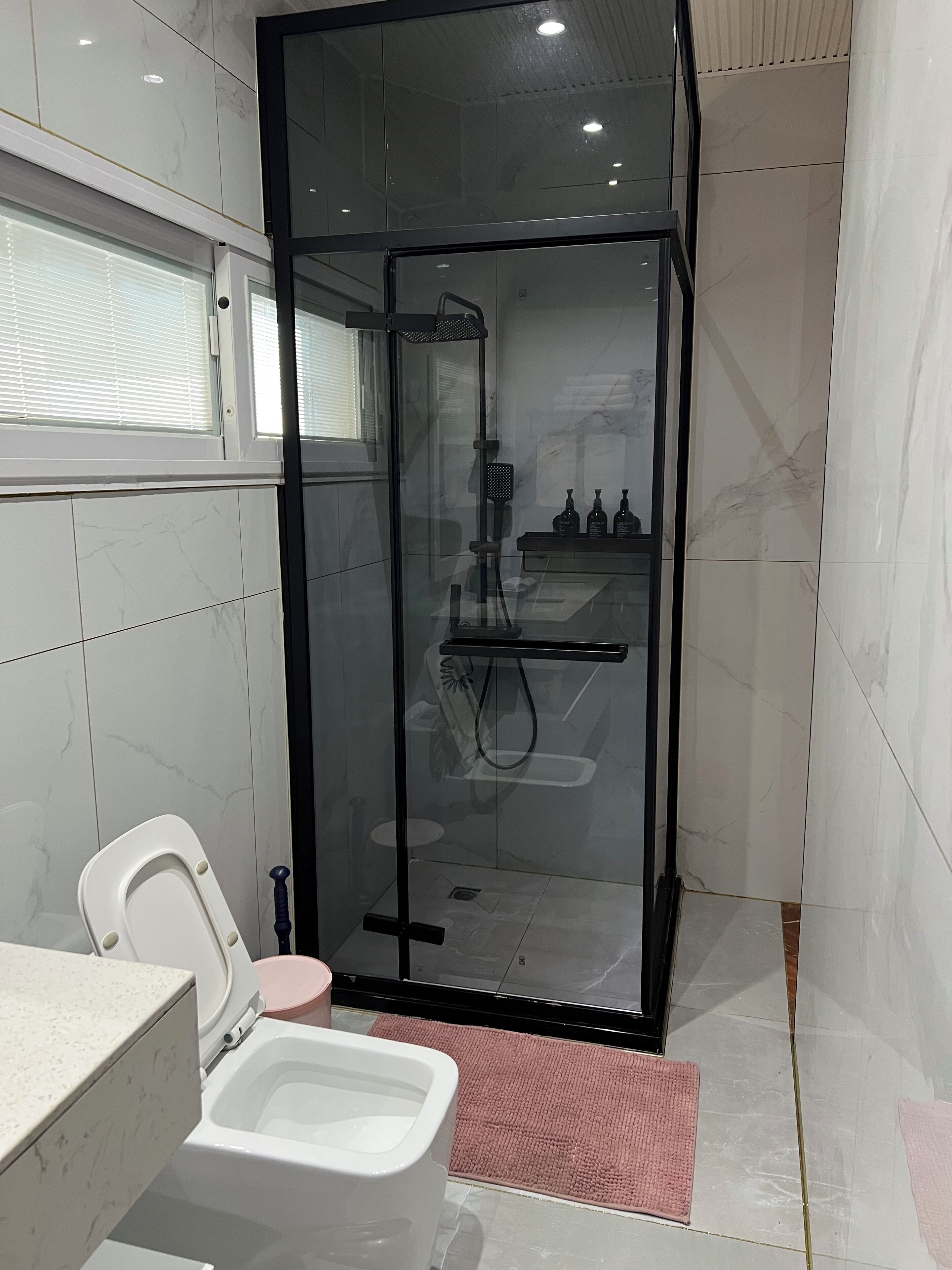 Dusche, Haartrockner, Handtücher, Toilettenpapier