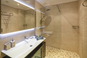 Shower, hair dryer, shampoo, toilet paper