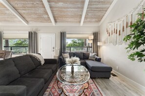 Smart TV, fireplace, books, stereo