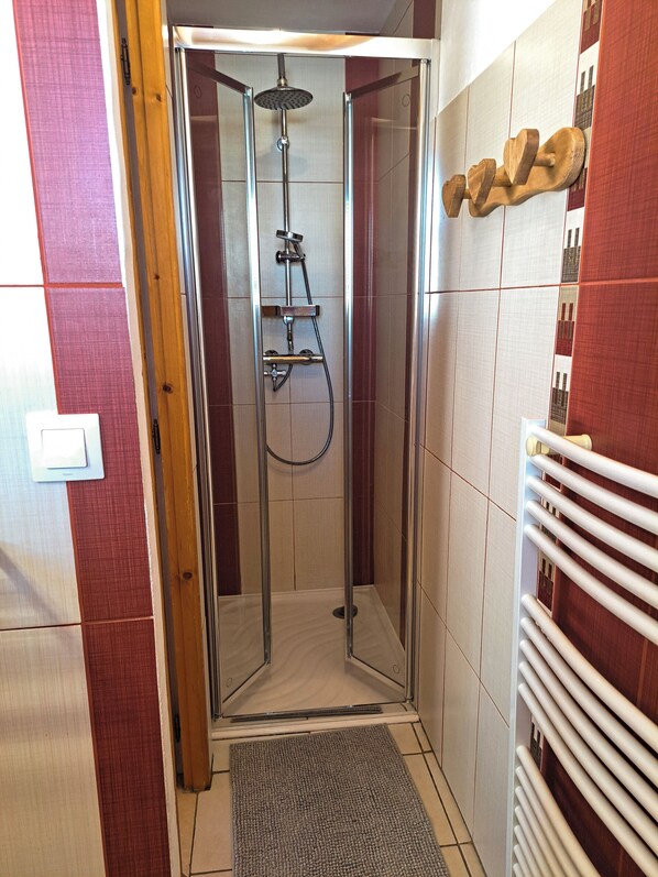 A shower area with a glass door, a showerhead, and a towel rack.