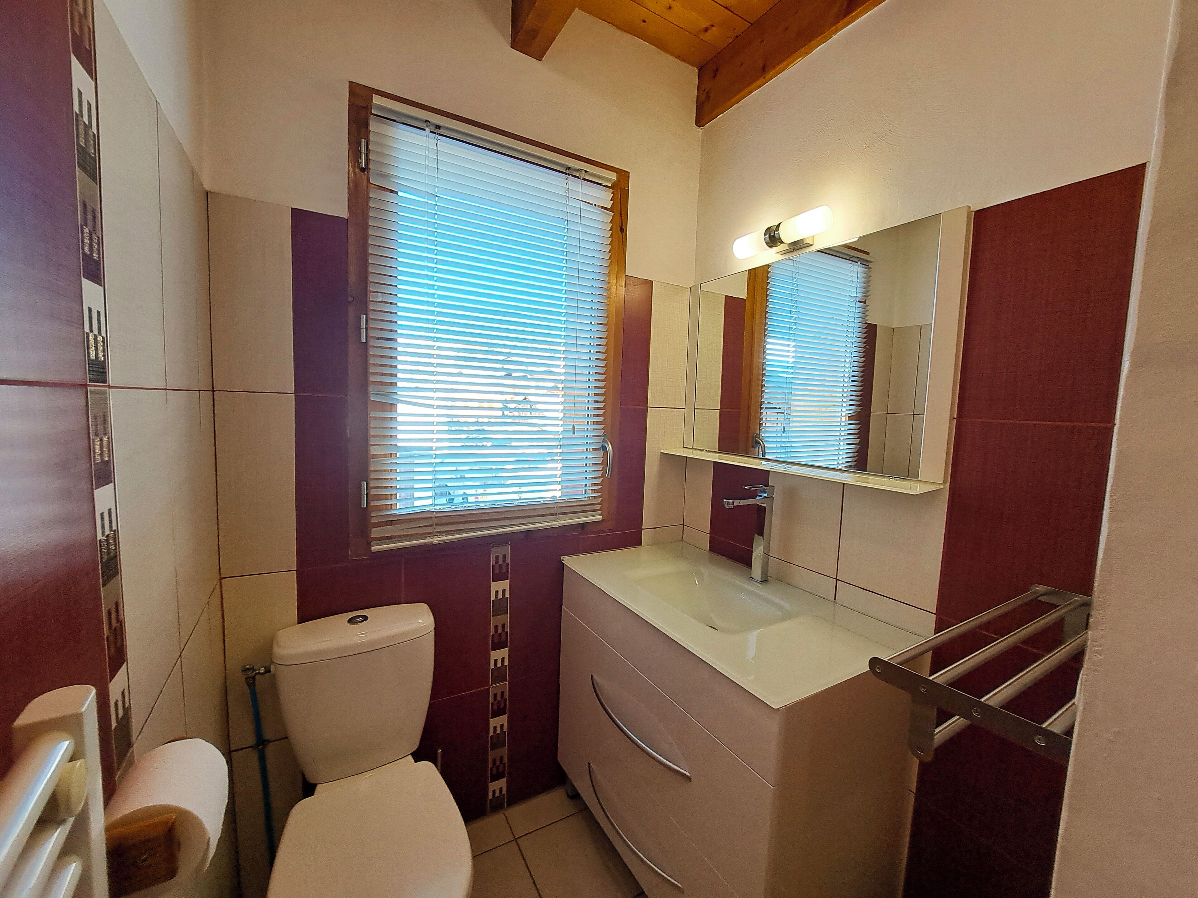 A small bathroom with a toilet, sink, and mirror.
