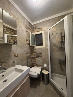 Une salle de bain moderne avec un grand lavabo, des toilettes, une douche et un miroir.