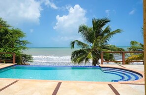 A swimming pool with a view of the ocean and palm trees.