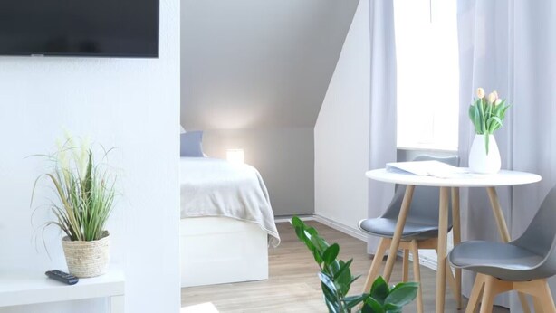 Een moderne hotelkamer met een bed, een kleintje tafeltje met stoelen, een potplant en een televisie aan de muur.