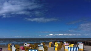 Een strand met gele ligbedden en parasols, een heldere blauwe lucht en de oceaan op de achtergrond.