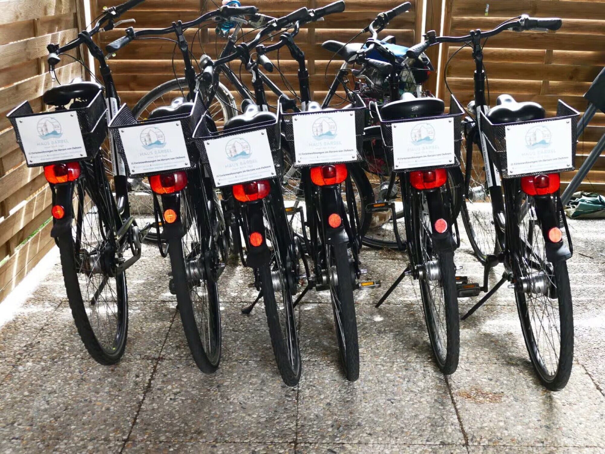 Een rij fietsen geparkeerd in een buitenruimte met een houten hek op de achtergrond.