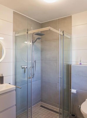 Shower, hair dryer, towels