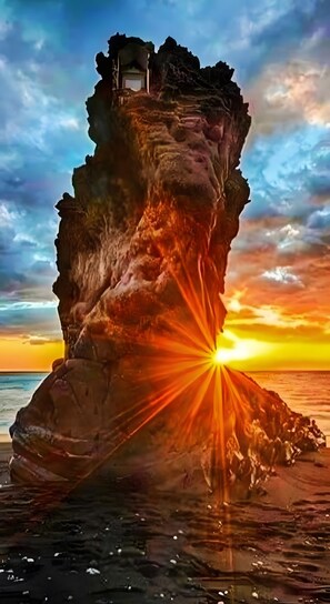 A rock formation with a small structure on top, overlooking a sunset over water.