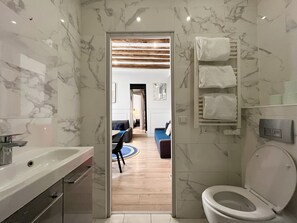 Shower, hair dryer, towels