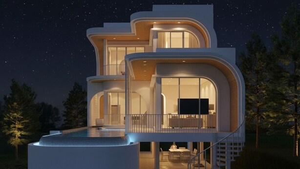 Una casa moderna de varios pisos con piscina, mobiliario exterior y una escalera que conduce a un balcón.
