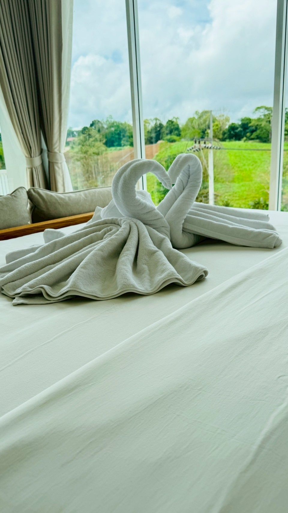 A neatly made towel swan on a bed with a view of a green landscape through large windows.