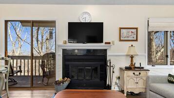 A living room with a fireplace, a television, and a view of trees through the sliding glass door.