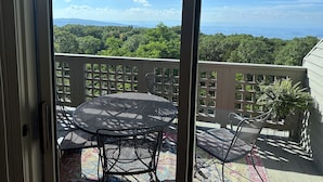 Un balcon avec une table et des chaises, une vue sur une forêt et l’océan, et une clôture en treillis.