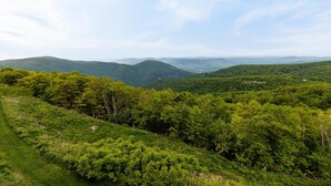 A mountainous landscape with dense greenery and a clear sky.