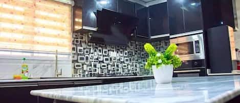 Economy Apartment, Balcony, City View | Private kitchen | Fridge, microwave, oven, stovetop