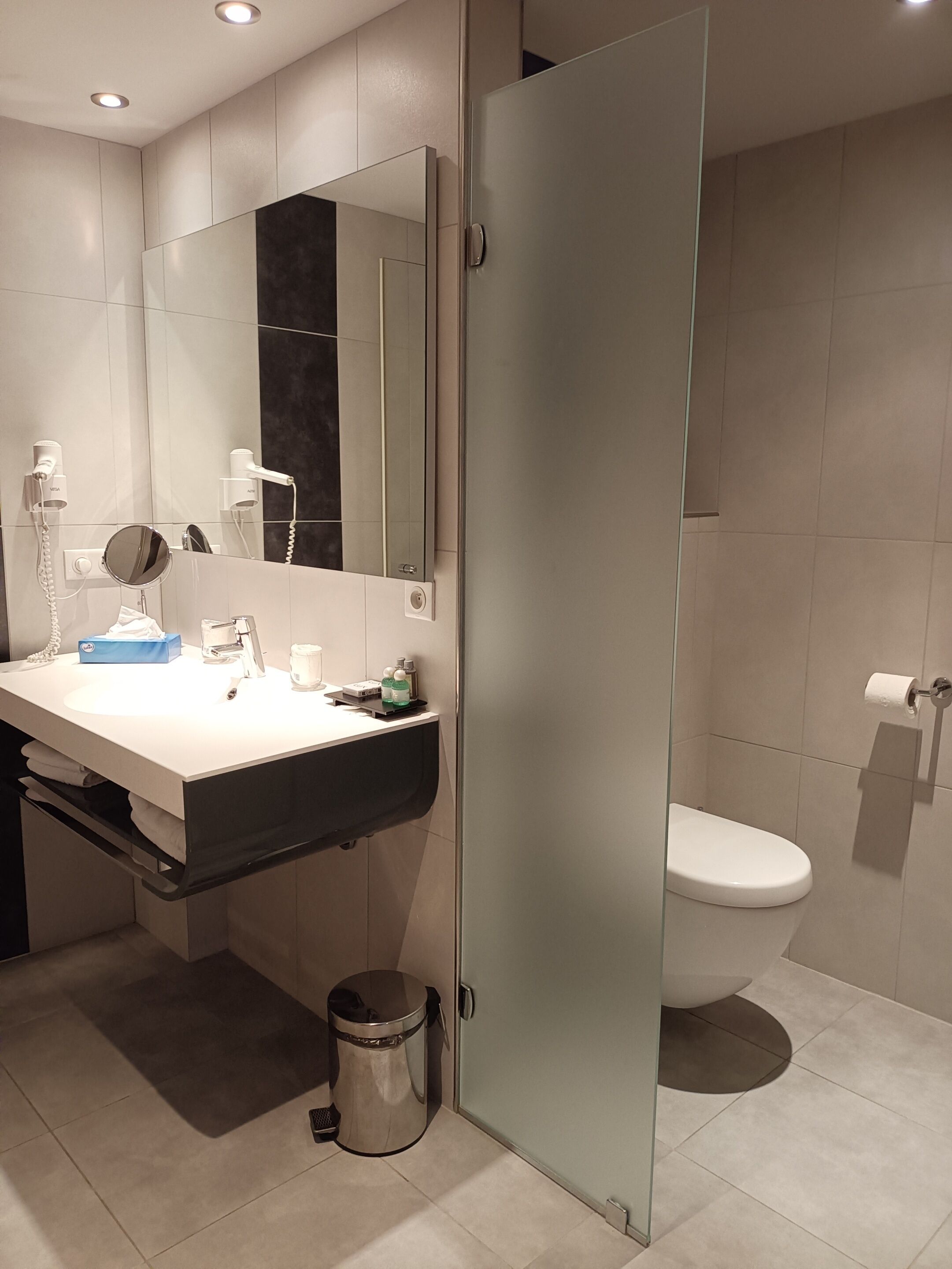 Ein modernes Badezimmer mit Glastrennwand, einem weißen Waschbecken, einem Spiegel, einem Fön und einer Toilette.