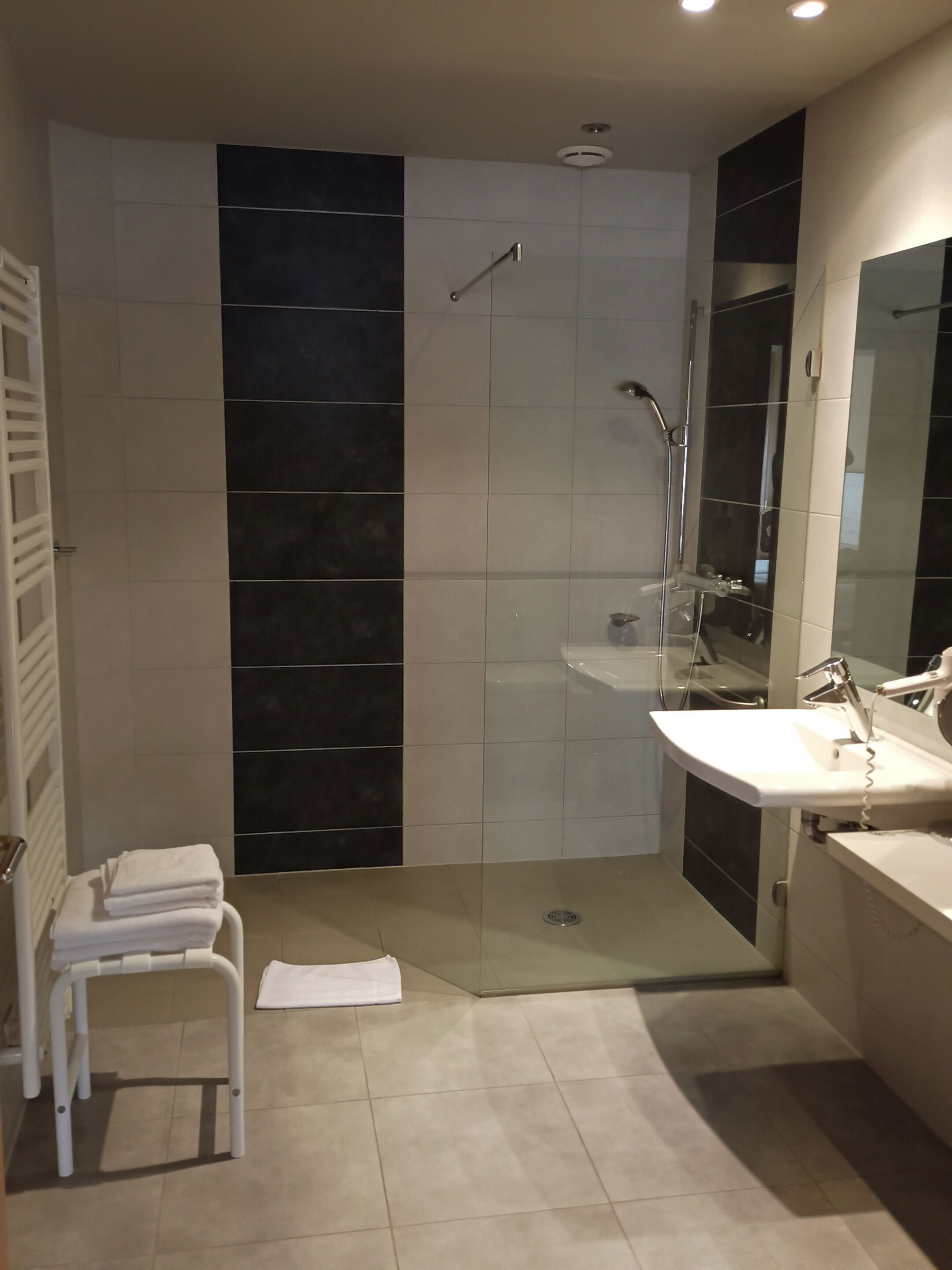 Ein modernes Badezimmer mit barrierefreier Dusche, einem weißen Waschbecken und einem großen Spiegel.