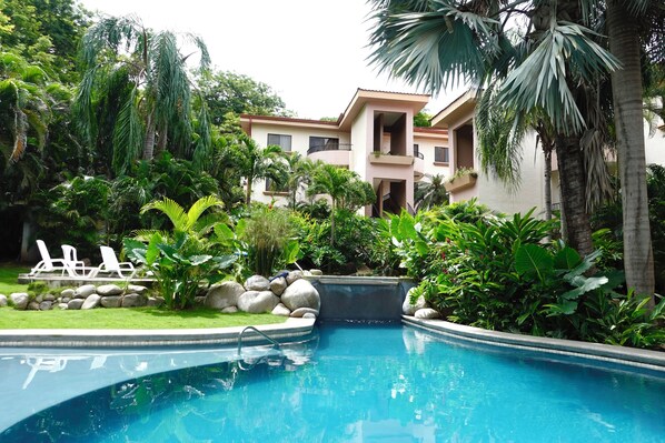 Una piscina con agua azul cristalina, rodeada de exuberante follaje y palmeras. Hay sillas de descanso blancas y un edificio al fondo.