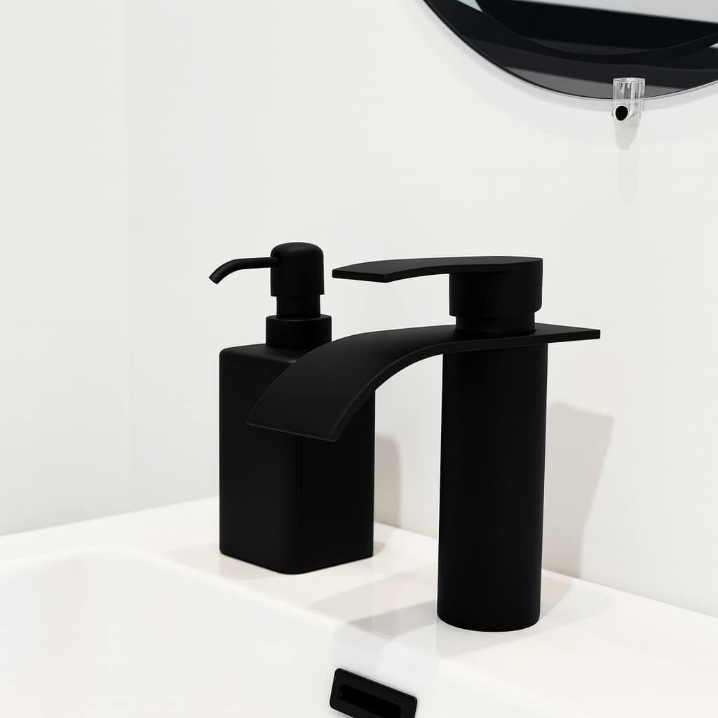 Ein modernes, schwarzes Badezimmerwaschbecken mit Einhebelarmatur und separatem Seifenspender.