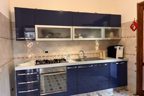 A compact kitchen with dark blue cabinets, a built-in oven, a gas stove, and a sink.