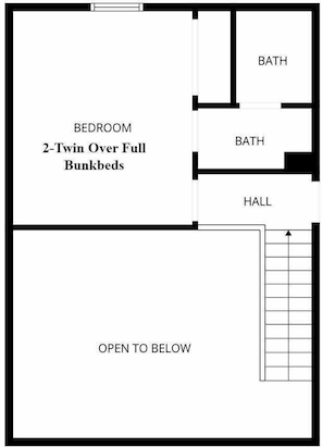 A floor plan with a bedroom, two bathrooms, a hall, and an open area leading to below.