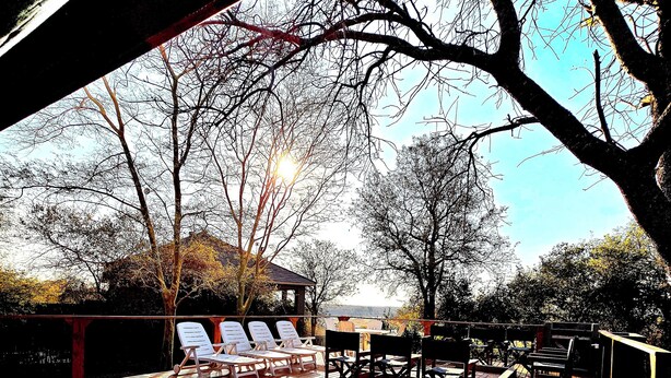 A swimming pool with lounge chairs and a deck area, surrounded by trees.