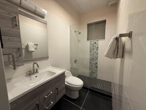 Shower, hair dryer, towels, soap