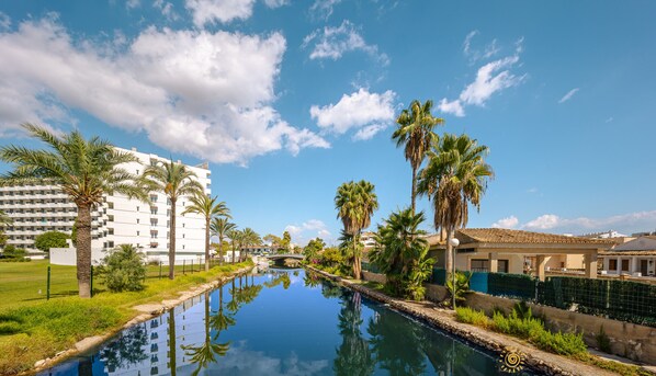 Zona de piscina tranquila con reflejos de palmeras y edificios, rodeada de exuberante vegetación y un cielo azul despejado.