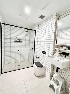 Shower, hair dryer, towels