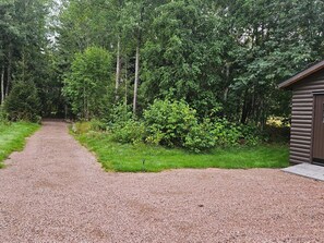 A gravel path leading to a cabin surrounded by dense forest.