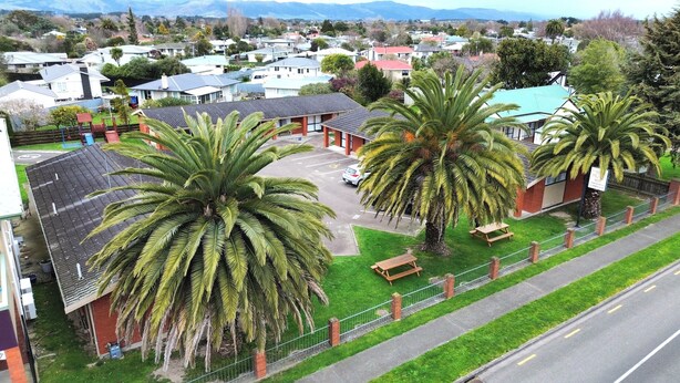 A residential area with houses, a parking lot, and palm trees. - ACCOMMODATION GATEWAY MOTEL (Palmerston North)