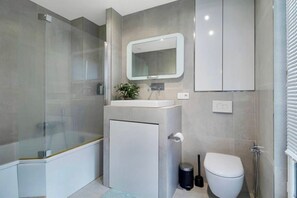 Hair dryer, towels, soap