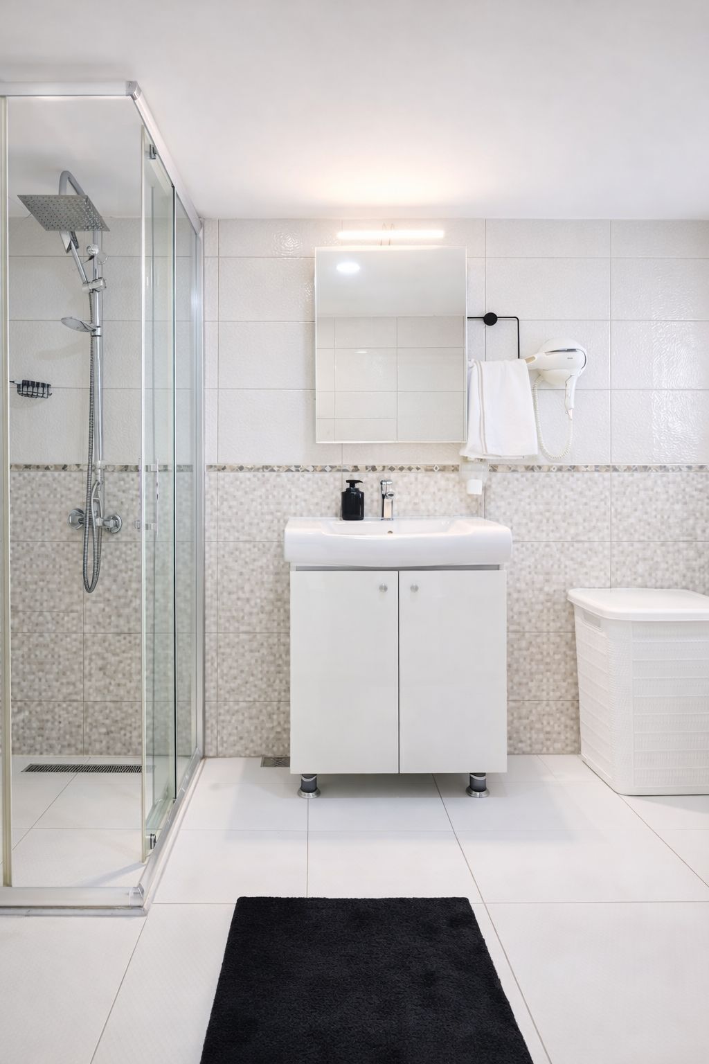 Hair dryer, towels, soap, shampoo