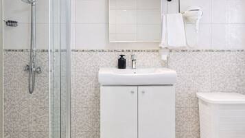 Hair dryer, towels, soap, shampoo