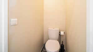 Un baño pequeño y estrecho con un inodoro blanco, una luz empotrada en la pared y un dispensador de papel higiénico.