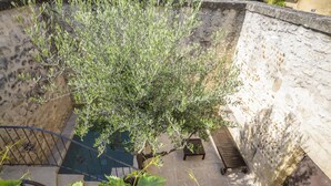 A staircase with a metal railing, a bench, and a tree in a courtyard with stone walls. - La Petite Baronne - in the Heart of the Gard (Saint-Hilaire-d'Ozilhan)