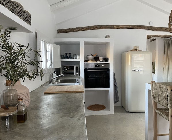 Cocina compacta con horno empotrado, microondas y refrigerador. Hay una planta y una botella en la encimera.