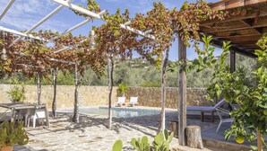 A poolside area with a pergola, potted cacti, and lounge chairs. - Casa Olivo in Izn jar (Iznajar)