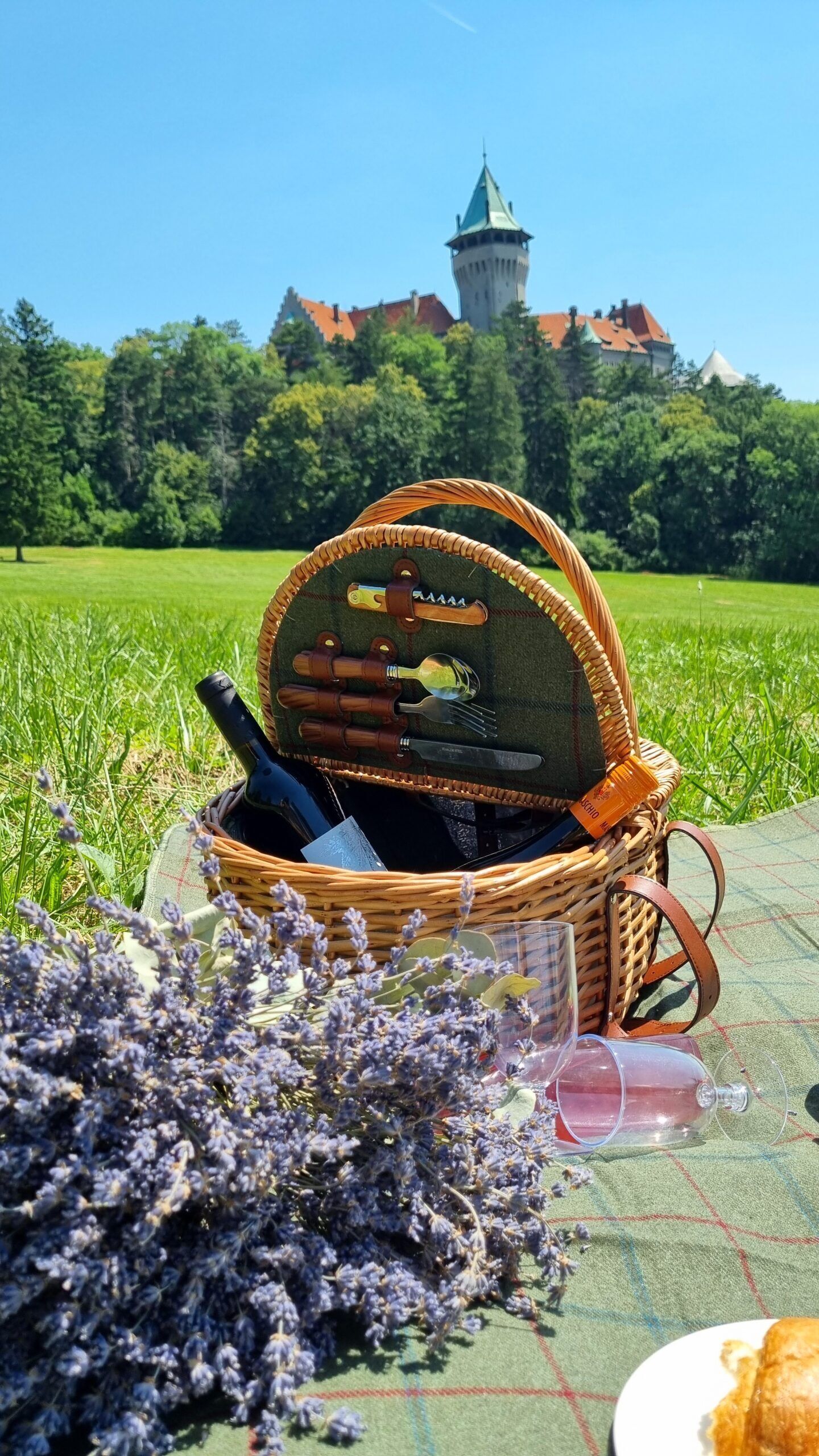 Un panier de pique-nique contenant une bouteille, un verre à vin et des couverts, posé sur une nappe à carreaux dans un champ herbeux, avec une tour en arrière-plan.